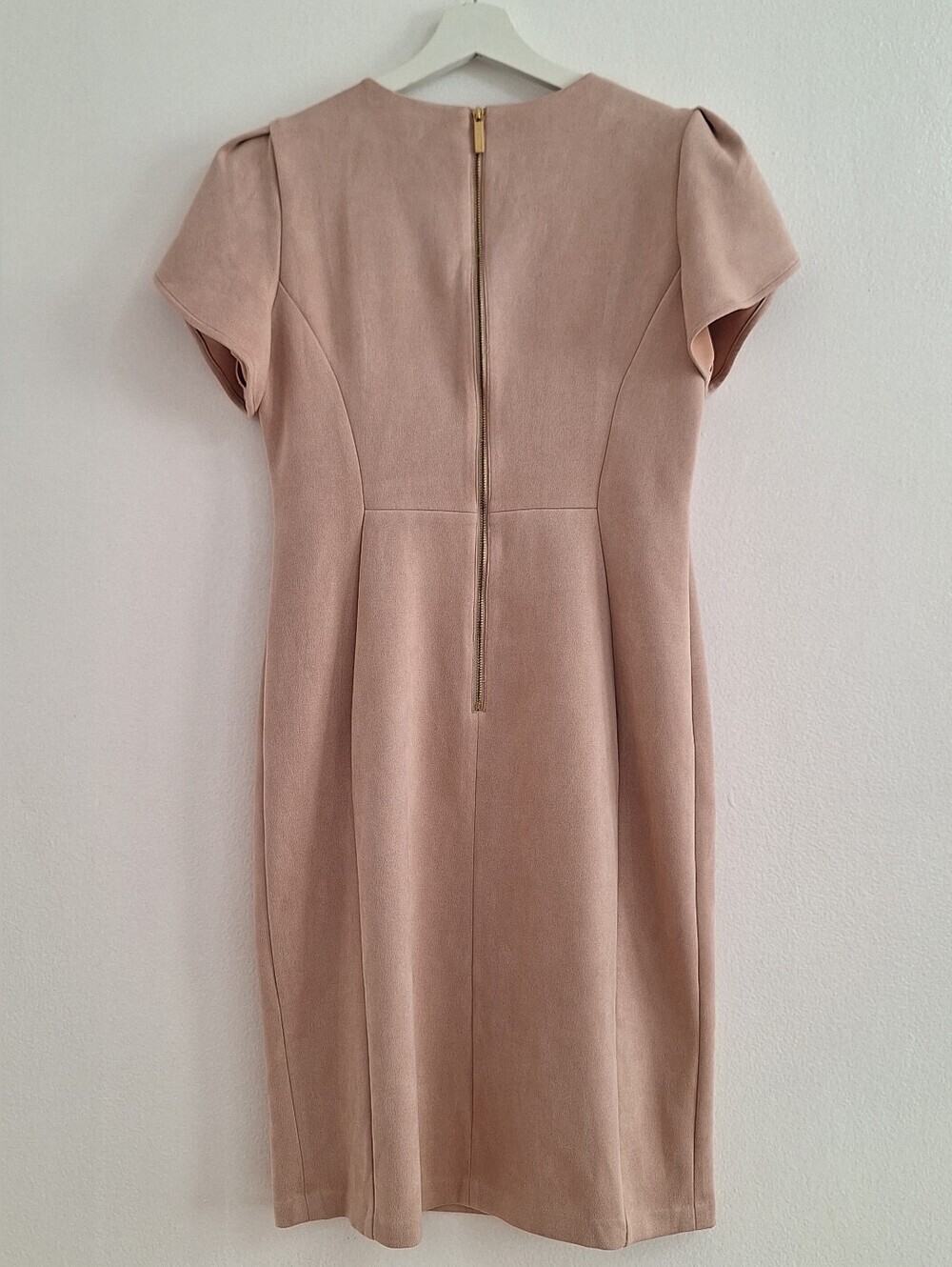 Calvin Klein Blush Pink Midi Sheath Dress with Structured Puff Sleeves - Picture 2 of 8